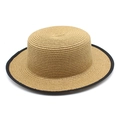 Classic straw boater hat with flat top and black trim for summer sun protection - M (56-58cm) / Khaki