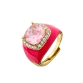 Macro detail of gold plated ring with pink square zircon and magenta enamel finish - Adjustable Open / Rose Red Gold Plated Pink Stone