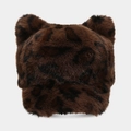 Vista detallada de la textura de piel sintética y estampado de leopardo del gorro - Estilo con Estampado de Leopardo Marrón Oscuro (3#色)