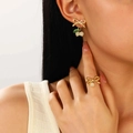 Gold bow earrings and ring set featuring white pearls and green leaf accents - White Bead Earrings & Ring Set