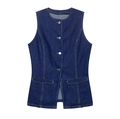 Chaleco de mujer en denim azul oscuro con cuello redondo y cierre de botonadura sencilla en blanco - XS / Camisa Azul Oscuro