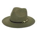 Detail of olive green fedora hat featuring black leather band and gold buckle - M (56-58cm) / Dark Green