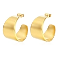 Elegant gold-tone C-shaped hoop earrings with polished stainless steel metallic finish - Wide Smooth Curved Gold (MS-367)