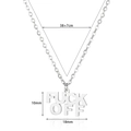 Detail view of FUCK OFF letter pendant necklace with 38+7cm length and size specs - Silver FUCK OFF