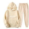 Cream colored tracksuit set featuring minimalist smiley face print and soft fleece texture - S / Top And Bottom / Off White