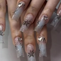 Uñas postizas Y2K largas y cuadradas con degradado plateado, estrellas y diamantes de corazón - Tipo de Pegamento / SGCY-182