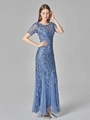 Full view of blue sequin evening dress featuring leaf patterns and ruffled mesh hemline - US size 2 / Blue Gray