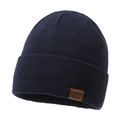 Donkerblauwe gebreide muts met klassieke sport lederen patch en geribbelde textuur - Marineblauw