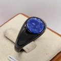 Minimalist black stainless steel signet ring featuring a round blue lapis lazuli stone - Black Lapis Lazuli