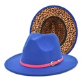 Detail of royal blue fedora hat with pink leather band and leopard print lining - M (56-58cm) / Sapphire Blue