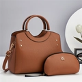 Caramel brown large tote and pouch set in premium pebbled faux leather for women - Yellow
