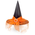 Black witch hat with orange spider web lace and rhinestone buckle for Halloween - Orange Mesh Hat