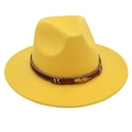 Detail of yellow wool felt fedora with braided band and golden feather charms - Yellow (Gold Feather)