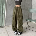 Army green wide leg cargo pants with side pockets and adjustable drawstring hem - S / Army Green