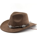 Cappello da cowboy western marrone in finta pelle scamosciata con tesa larga e metallo - M (56-58cm) / caffè
