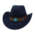 Detail of navy blue felt cowboy hat featuring turquoise stone and floral embroidery - One Size / Navy Blue (Brown Embroidered Leather Band)