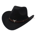 Detail of a black felt western cowboy hat featuring a leather band and silver bull skull buckle - M (56-58cm) / Black (Cowboy Bull Head)