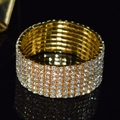 Exaggerated wide gold multi-row stretch bracelet with sparkling crystal rhinestones - 7 Row Gold Clear Rhinestone Bracelet