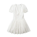 White V-neck short sleeve A-line dress with hollow out embroidery and bow tie detail - S / White