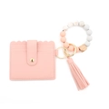 Pink leopard silicone bead bracelet with PU leather card holder and fringe tassel keychain - Pink