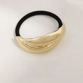 Minimalist black elastic hair tie with polished gold double-layered curved metal decor - Double Arc Cross Gold
