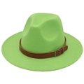 Detail of neon green fedora hat featuring a brown leather band with silver metal buckle - Fruit Green