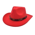 Detailed view of red felt cowboy hat with brown leather band and bull metal ornament - Red