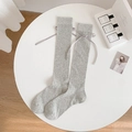 Gray rib-knit over-the-knee socks featuring sweet ribbon bow ties for balletcore style - Bowknot Style / Gray