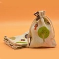 Beige cotton linen drawstring pouch with owl print and matching coaster set - Tree Fox