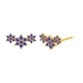 Detail view of gold earrings featuring purple floral zircons and S925 silver needles - Purple Zirconia