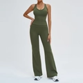Ensemble de yoga côtelé vert foncé avec débardeur col V et legging évasé taille haute - S / Vert Armée (Col V)