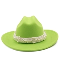 Neon green wool felt jazz hat with elegant pearl band decoration for parties - M (56-58cm) / Fruit Green
