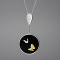 Elegant silver necklace with black butterfly pendant and white mother of pearl inlay - 925 Silver Pendant (Necklace Not Included) / Silver and Gold Two-tone
