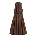 Elegant dark brown sleeveless V-neck maxi dress with a black belt and button front - S / Dark Brown