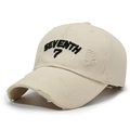 Vintage beige baseball cap with black SEVENTH 7 3D embroidery and distressed ripped details - Beige