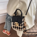 French retro plaid crossbody bag in black and white with brown bear charm pendant - Black With Rabbit Pendant