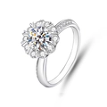 Macro detail of a 10-claw moissanite ring in S925 sterling silver with a floral diamond setting - Adjustable Open / Halo Sunflower Shape (FDJZ-002)