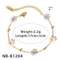 Detail view of a gold stainless steel bracelet with blue and white floral beads - Blue and White Alternating Bead Style (NB-B1204)
