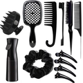 Set de coiffure professionnel 11 pièces noir avec brosses, peigne, flacon et pinces - Noir (Style Peigne à Mailles)
