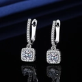 Silver square cubic zirconia leverback earrings with diamond halo and polished reflection - Square Halo Dangle Earrings (ED56)