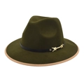 Detailed view of dark green wool fedora featuring black leather band and gold buckle - M (56-58cm) / Army Green
