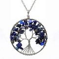 Detail view of handmade silver wire wrapped life tree pendant with blue natural stones - Dark Blue/Lapis Lazuli
