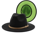 Detail of wool fedora showing black exterior contrast with vibrant green inner lining - Black + Fruit Green