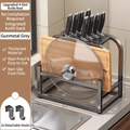 Gunmetal grey carbon steel kitchen organizer for knives, cutting boards, and lids - Upgraded 4-Slot Knife Rack & Cutting Board Lid Holder-Gun Grey (Free Hooks*2)