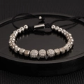 Adjustable woven bracelet with silver crown beads and cubic zirconia pave accents - Steel Color Triple Zirconia Ball Bracelet