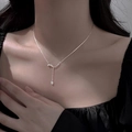 Silver micro-pave choker necklace featuring a delicate chain and teardrop pendant - Water Drop Pendant Style (XL2662)