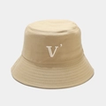 Detail of V-letter embroidery on a khaki cotton bucket hat with parallel stitched brim - M (56-58cm) / Khaki