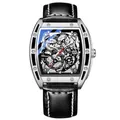 Orologio da uomo al quarzo a botte con quadrante scheletrato e cinturino in pelle - Argento/Nero