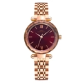 Elegant rose gold steel watch for women with deep burgundy sunray dial and Roman numerals - Steel Band / Rose Gold Stainless Steel Band-Red Dial