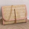 Sac bandoulière en paille tressée marron clair avec garniture rose et gland doré - Rose (Style à Glands)